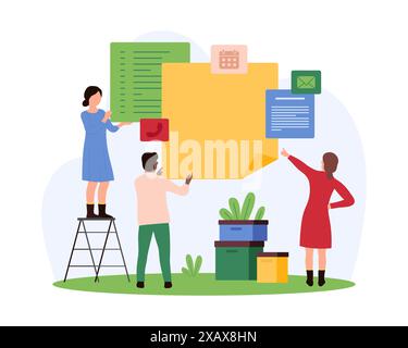 Gestion des tâches à bord, liste de tâches et notes pour rappeler des informations et des messages importants. De minuscules personnes épinglent des autocollants en papier jaune, bleu et vert, des e-mails et planifient l'illustration vectorielle de dessin animé Illustration de Vecteur