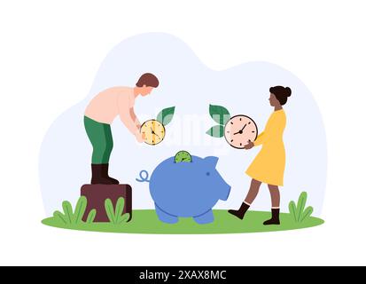 Investissement de temps pour économiser de l'argent, retour de capital à l'avenir, pension. Les gens minuscules jettent des horloges à l'intérieur de tirelire, planifient la croissance de la richesse, investissent des heures de travail pour augmenter l'illustration vectorielle de dessin animé de revenu Illustration de Vecteur