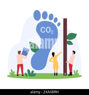 Mesure de la pollution par empreinte carbone, effets environnementaux des gaz à effet de serre et recherche sur l'impact des émissions. Les gens minuscules mesurent l'empreinte CO2 avec la règle et la calculatrice illustration vectorielle de dessin animé Illustration de Vecteur