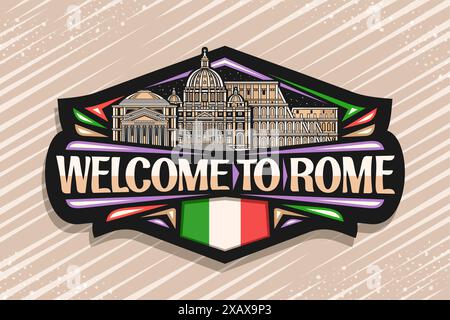 Logo vectoriel pour Rome, étiquette décorative noire avec illustration de contour du célèbre paysage historique de la ville de rome sur fond de ciel nocturne, design d'art urba Illustration de Vecteur