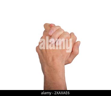 Deux mains serrées avec des doigts imbriqués, symbolisant l'unité et le soutien. Isolé sur fond blanc, montrant un geste d'unité et de force. Banque D'Images