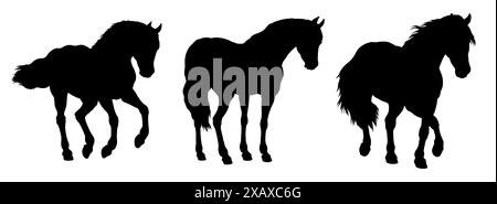 Silhouette noire de beau cheval. Dessin équin. Jeu de chevaux. Banque D'Images