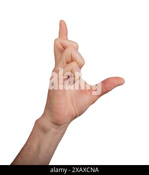 Main montrant une grande mesure à l'aide du pouce et de l'index, isolée sur fond blanc. Geste indiquant la taille ou la mesure, idéal pour l'interaction Banque D'Images