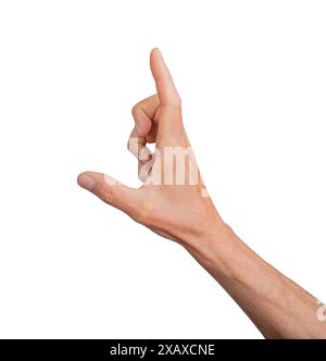 Main montrant une grande mesure à l'aide du pouce et de l'index, isolée sur fond blanc. Geste indiquant la taille ou la mesure, idéal pour l'interaction Banque D'Images