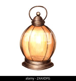 Lampe à huile vintage, lumière chaude brûlante. Illustration d'aquarelle dessinée à la main isolée. Lanterne au kérosène à l'ancienne pour la randonnée, camping Clipart design e Banque D'Images