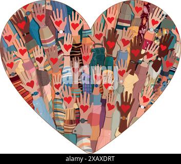 Forme d'un coeur contenant de nombreuses mains levées de bénévoles multiculturels tenant un coeur. Don de charité et de solidarité. Communauté de volontaires Illustration de Vecteur