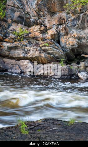 Du sentier de randonnée dans le parc provincial Egan chutes, la falaise de roche métamorphrique est vue le long de la rivière York à Bancroft, Ontario, Canada Banque D'Images