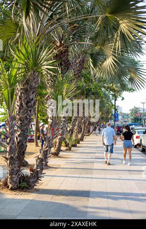 Remblai rue avec des palmiers et des touristes marchant, Pattaya, Thaïlande - 01.27.2024 Banque D'Images