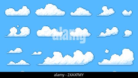 Nuages de pixels. Rétro 8 bits volant nuages blancs moelleux, fond de ciel 16 bits avec des éléments de météorologie de bande dessinée. Ensemble d'actifs de jeu vectoriel. Illustration de Vecteur