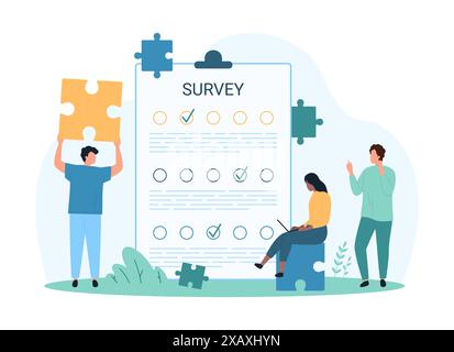 Remplissage du formulaire d'enquête, examen de test de sociologie, commentaires des clients. Minuscules personnes tenant des énigmes, étudier la grande liste de réponses aux questions avec des coches sur le presse-papiers, illustration vectorielle de dessin animé Illustration de Vecteur
