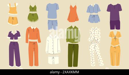 Pyjama. Vêtements de nuit pour enfants de bande dessinée, ensemble de pyjama drôle avec différents modèles, vêtements de chemise de nuit mignons pour le coucher. Collection isolée par vecteur. Illustration de Vecteur