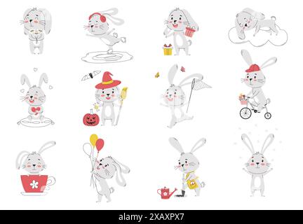 Ensemble d'un joli dessin animé lapins impliqués dans diverses activités. Adorable personnage de lapin dans un style plat minimaliste. Illustrations isolées pour gre Illustration de Vecteur