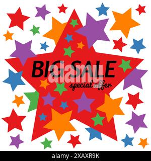 Grande vente offre spéciale bannière d'étoile sur fond blanc. Fond vectoriel avec des éléments de conception colorés. Illustration vectorielle. Illustration de Vecteur