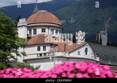 Meran, Südtirol, Italien 07. Juin 2024 : hier die Kurstadt Meran, Merano, Meraner Land, Burggrafenamt, der Blick auf die Kuppel des Kurhaus, unten am Bildrand blühende Blumen, wandern, spazieren, Tourismus, Hotspot, Urlaubsdomizil *** Merano, Tyrol du Sud, Italie 07 juin 2024 ici la ville thermale de Merano, Merano, Meraner Land, Burggrafenamt, la vue sur le dôme du Kurhaus, fleurs fleurissant au bas de l'image, randonnée, marche, tourisme, hotspot, destination de vacances Banque D'Images