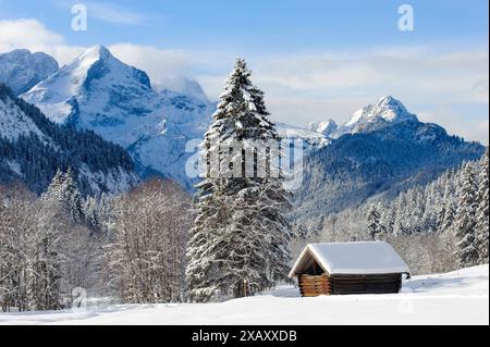 Winterlandschaft in Bayern Tief verschneite Almwiesen in der Nähe von Garmisch-Partenkirchen mit Blick auf das Wettersteingebirge Klais Bayern Deutsch Banque D'Images