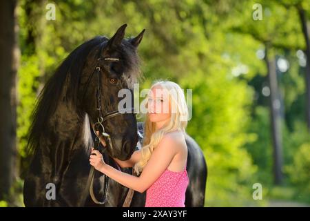 Femme blonde dans une robe rose tenant un cheval noir frison sur sa bride dans un cadre forestier, Bavière Banque D'Images