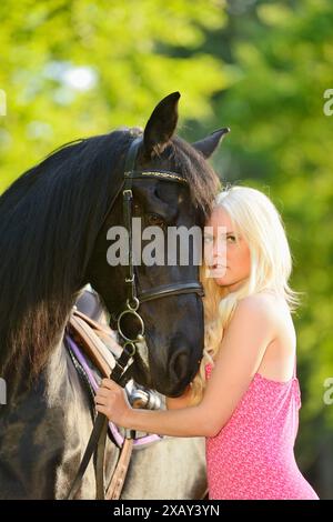 Femme blonde dans une robe rose tenant un cheval noir frison sur sa bride dans un cadre forestier, Bavière Banque D'Images