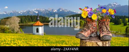 Wanderstiefel mit Blumen Ein Paar Wanderstiefel gefüllt mit einem Strauß Frühlingsblumen, steht auf einer Blumenwiese vor dem Bergpanorama im Allgäu - Banque D'Images