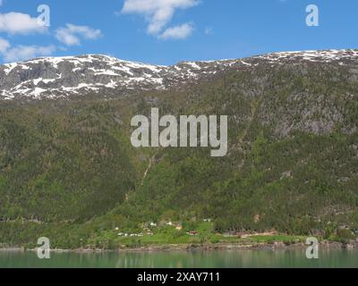 Les montagnes enneigées et les forêts verdoyantes se reflètent dans l'eau calme sous un ciel bleu, Eidfjoerd, Norvège Banque D'Images