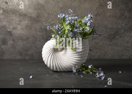 Bouquet de belles fleurs oublie-me-pas en vase sur table texturée grise Banque D'Images