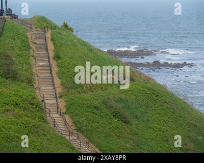 Des marches de pierre mènent à la colline verdoyante vers la côte rocheuse surplombant la mer, Tynemouth, Angleterre, Royaume-Uni Banque D'Images