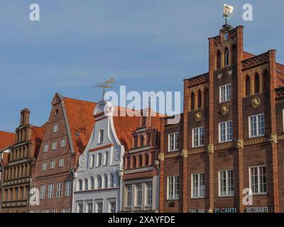 Une rangée de façades historiques avec des toits de tuiles rouges et des éléments architecturaux frappants contre un ciel bleu, Lueneburg, basse-Saxe, Allemagne Banque D'Images