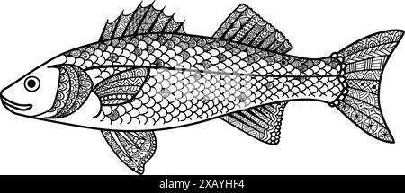 Mandala Seabass poisson pour élément de conception, gravure ou coloriage. Illustration vectorielle. Illustration de Vecteur