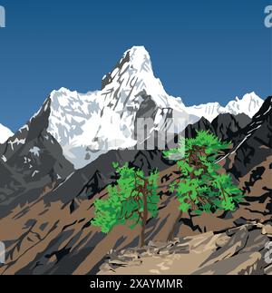 Illustration vectorielle du mont Ama Dablam et des pins, montagnes de l'Himalaya, vallée du Khumbu, région de l'Everest, Népal Illustration de Vecteur