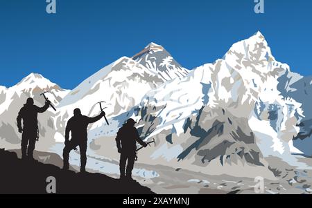 Mont Everest et Nuptse du côté népalais comme vu de Kala Patthar pic avec silhouette noire de trois grimpeurs avec glace hache en main, vecteur illustrae Illustration de Vecteur