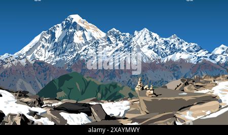 Pic du mont Dhaulagiri vu du passage de Jaljala illustration vectorielle, montagnes de l'Himalaya du Népal Illustration de Vecteur