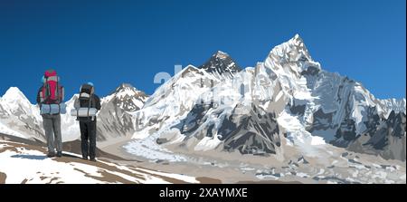 Mont Everest et Nuptse vus de Kala Patthar avec deux randonneurs, illustration vectorielle, Mont Everest 8 848 m, vallée de Khumbu, Népal Himalaya montagnes Illustration de Vecteur