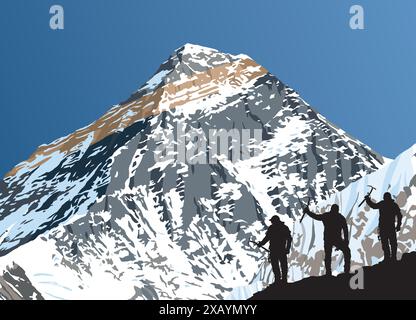Monts Everest du côté Népal comme vu du pic Gokyo avec la silhouette noire de trois grimpeurs avec piolet à la main, illustration vectorielle, Népal Himala Illustration de Vecteur
