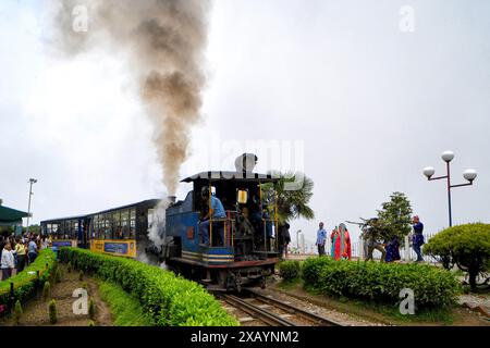 Un train jouet fait son voyage le long de Batasia Loop. Le Darjeeling Himalayan Railway, également connu sous le nom de « Toy train », est un train ferroviaire à voie étroite construit entre 1879 et 1881. Le chemin de fer se déplace jusqu'à un niveau d'altitude de 2 200 mètres (7 218 pieds). Quatre locomotives diesel modernes gèrent la plupart des services réguliers ; cependant, les trains touristiques quotidiens de Darjeeling à Ghum (la plus haute gare ferroviaire de l'Inde) sont gérés par les locomotives à vapeur de classe B d'époque de construction britannique. DHR a été déclaré site du patrimoine mondial par l'UNESCO en 1999. Banque D'Images