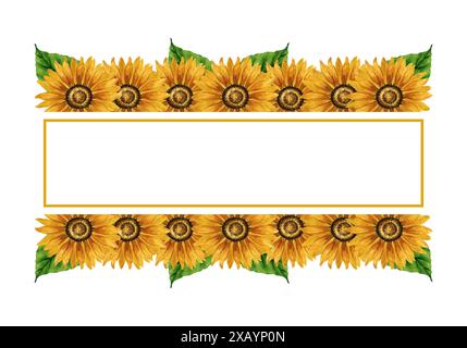 Bordure de tournesols aquarelle. Cadre rectangulaire avec fleurs jaunes. Composition florale estivale. Arrangement de fleurs d'automne. Botanique dessiné à la main Banque D'Images