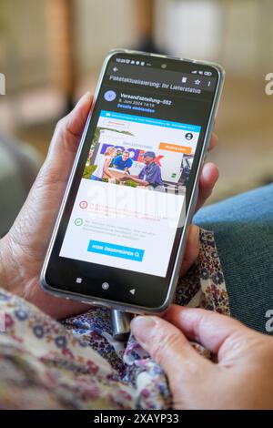 Phishing-mail : BetrŸger wollen sensible Daten und KleinbetrŠge ergaunern. Hand hŠlt ein Mobiltelefon auf dem eine betrŸgerische phishing Paketmitteil Banque D'Images