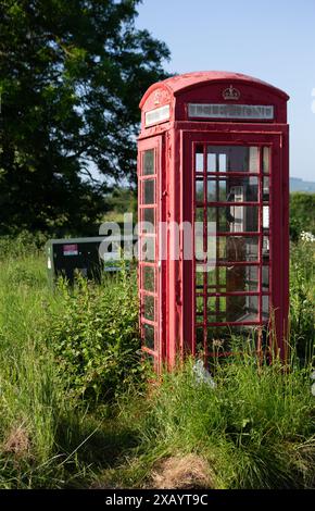 Boîte téléphonique britannique rouge traditionnelle inutilisée dans un cadre rural envahi par la végétation, avec un feuillage vert et un ciel bleu clair Banque D'Images