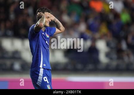 Empoli, Italie. 09 juin 2024. L'Italien Gianluca Scamacca réagit lors du match amical 2024 entre l'Italie et la Bosnie-Herzégovine au stade Carlo Castellani - Sport, Football - Empoli, Italie - dimanche 8 juin 2024 (photo Massimo Paolone/LaPresse) crédit : LaPresse/Alamy Live News Banque D'Images