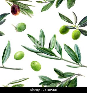 Motif de branche d'olives aquarelle avec feuilles vertes et noires sans couture illustration botanique Art Banque D'Images