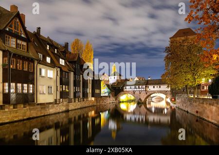 Le pont Henkerbrücke à Nuremberg (Allemagne), château d'eau derrière l'arbre. Banque D'Images