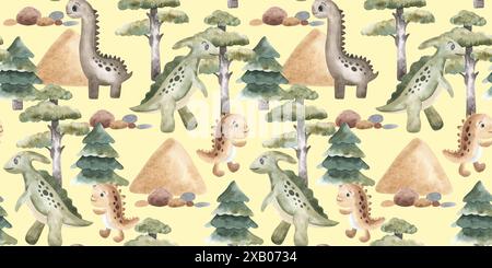 Motif sans couture Dino Trees. Aquarelle plantes vertes avec des dinosaures. Parfait pour la douche de bébé, tissu, décorations de pépinière, invitations, fête, conception Banque D'Images