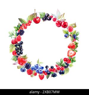 Apprenez à faire une couronne d'aquarelle de fruits vibrante avec des baies d'été et des feuilles pour une décoration de maison magnifique Banque D'Images