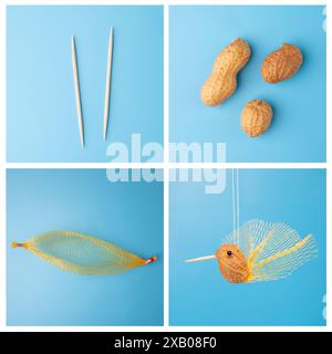 Artisanat d'oiseau simple pour les enfants, bricolage, jouet colibri d'arachide pour le printemps ou l'été, activité maison pour les enfants Banque D'Images