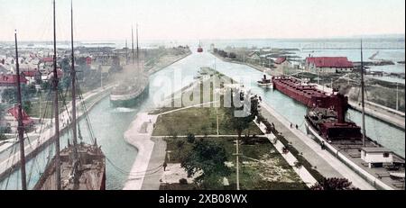 Les écluses, Sault Ste. Marie, Michigan, vers 1900 Banque D'Images