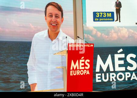 Barcelone, Espagne. 09 juin 2024. Le PSC, branche catalane du PSOE, se proclame vainqueur des élections européennes en Catalogne." El PSC, la rama catalana del PSOE, se proclama ganador de las elecciones europeas en Catalu&#xf1;a." Sur la photo : salvador illa, jaume Collbonil, javi lopez News Politics -Barcelone, Espagne dimanche 9 juin 2024 (photo par Eric Renom/LaPresse) crédit : LaPresse/Alamy Live News Banque D'Images