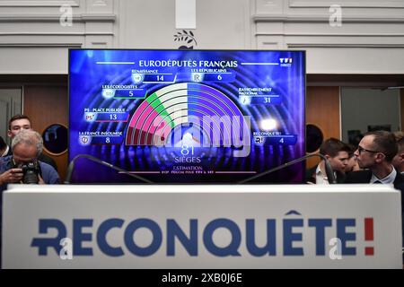 Paris, France. 09 juin 2024. Cette photographie montre les résultats à l’issue du vote pour les élections du Parlement européen, pendant la nuit des élections, au siège de « Reconquete » à Paris le 9 juin 2024. Photo de Firas Abdullah/ABACAPRESS. COM Credit : Abaca Press/Alamy Live News Banque D'Images