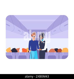 Agent de bord et passager aveugle debout ensemble, aide à l'homme avec l'illustration vectorielle de handicap Illustration de Vecteur