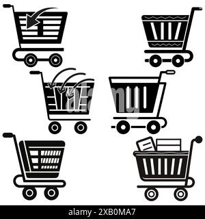 Icônes du panier. Dessins vectoriels noirs. Six styles différents. Illustration moderne. Illustration de Vecteur