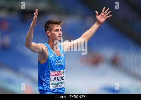Rome, Italie. 09 juin 2024. Rome, Italie, le 9 juin 2024 : Manuel Lando (Italie) célèbre son saut lors de l'épreuve de saut en hauteur lors des Championnats d'Europe d'athlétisme 2024 au Stadio Olimpico à Rome, Italie. (Daniela Porcelli/SPP) crédit : SPP Sport Press photo. /Alamy Live News Banque D'Images