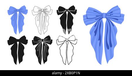 Jeu de symboles dessinés à la main par des noeuds de ruban. Signe ruban élégant à la mode pour silhouette de célébrations, design linéaire icône. Divers ruban cadeau noeud de dessin animé, accessoire de cheveux en soie. Illustration vectorielle de contour mignon Illustration de Vecteur