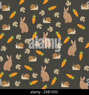 lapin mignon et escargot avec carotte, champignon comme fond de motif Illustration de Vecteur